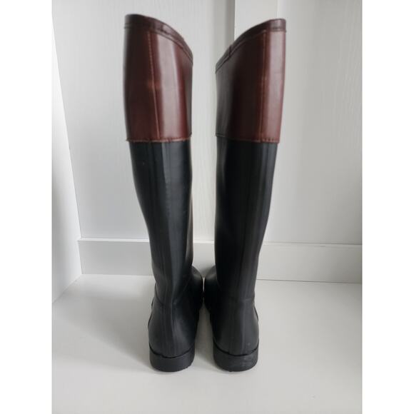 Tory Burch Diana Tall Rubber Rain Boots Womens Size 6 Logo Black Brown Logo - Picture 5 of 11